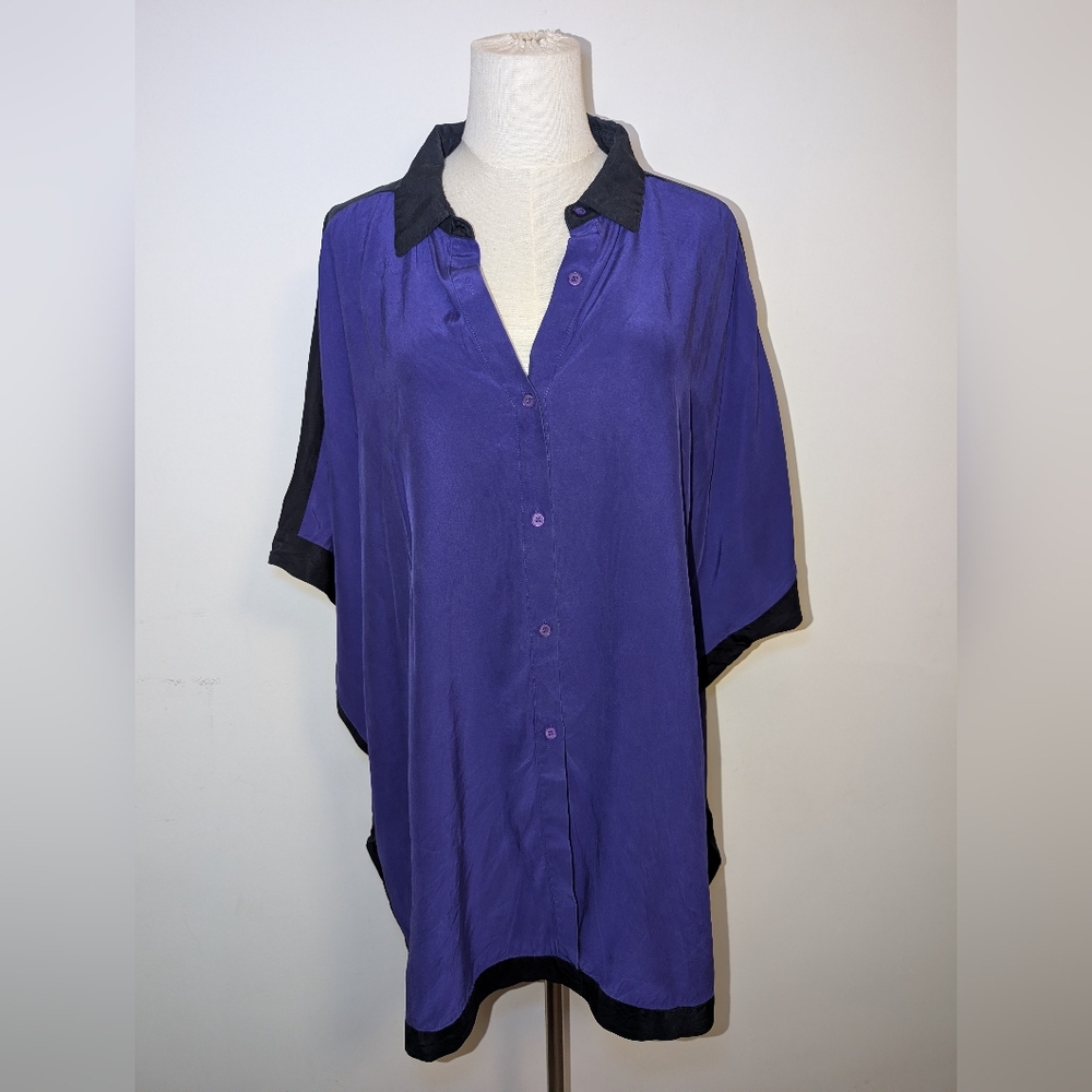 100% Silk Purple And Black Oversized Square Sleeveless Blouse